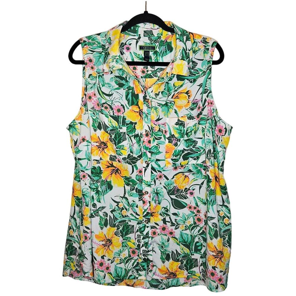 C Wonder tropical beach floral print button down sleeveless blouse sz 22W